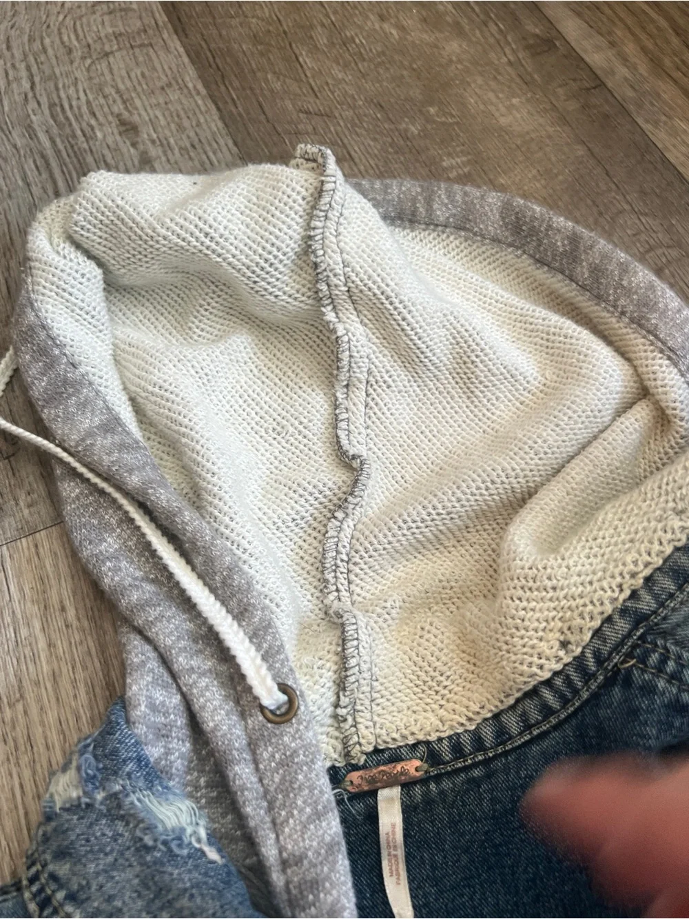Free People | Distressed Knit Sleeve Denim Jacket S Grunge Hooded Streetwear - Picture 12 of 14